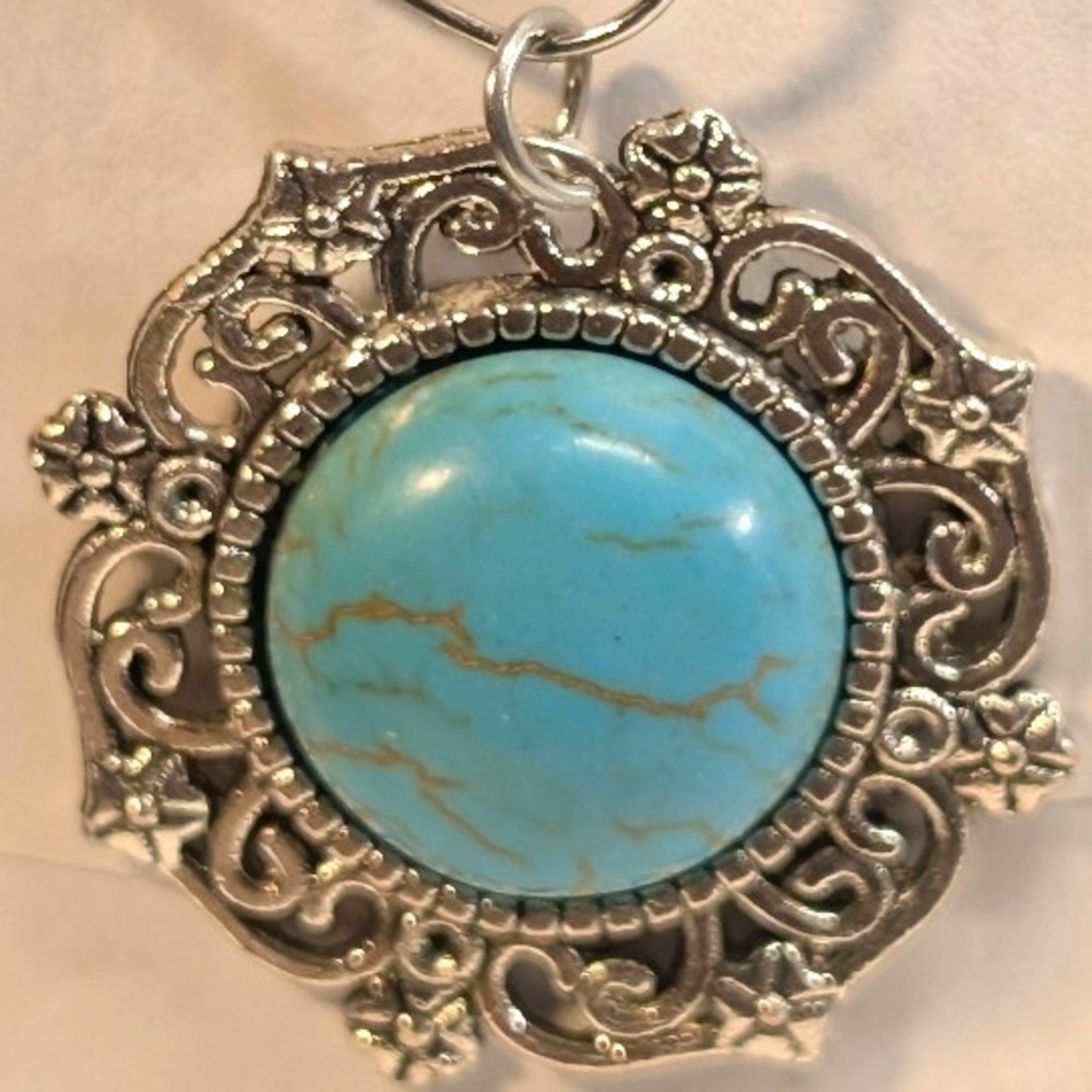 Handmade Vtg New Faux Turquoise Filigree Pendant Charm Silvertone Boho Southwest